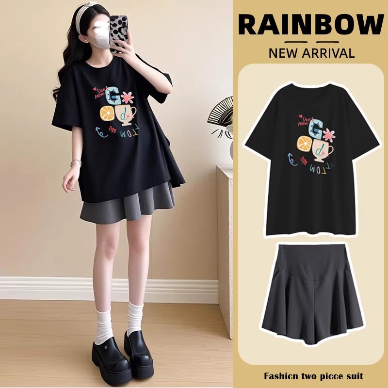 Maternity Summer T-Shirt Set, Fashionable and Stylish, Slim-Fit Short-Sleeve Thin Top and Skirt-Pants Two-Piece Set for Petite Women 2026