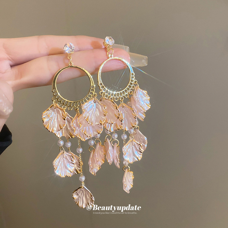 Pendientes de flecos de circonita de pétalos de color rosa dulce de plata Pendientes de temperamento de lujo ligero de moda Pendientes coreanos de alta gama