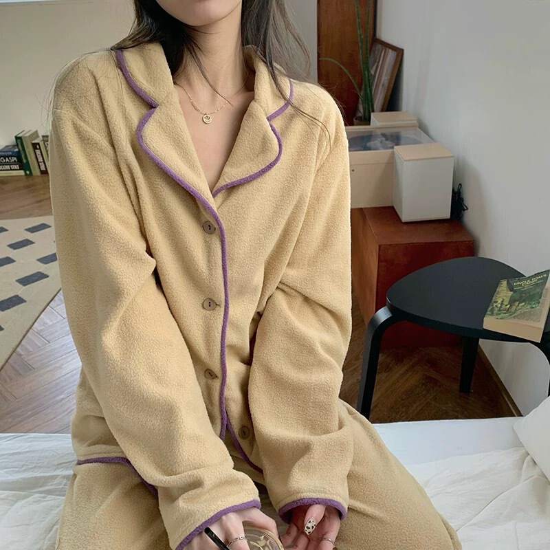 Double-sided Polar Fleece Pajamas Women's Autumn and Winter Ins Style Thickened plus size suit and Winter Coral Fleece Outwear Home Clothes