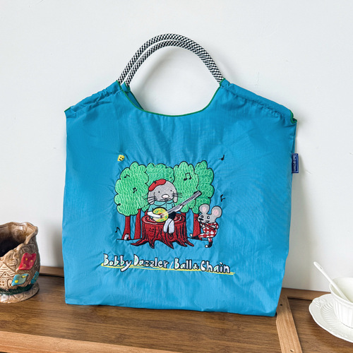 New Japanese-style ball chain embroidery versatile shopping bag, niche cross-stitch embroidery nylon tote bag, eco-friendly bag