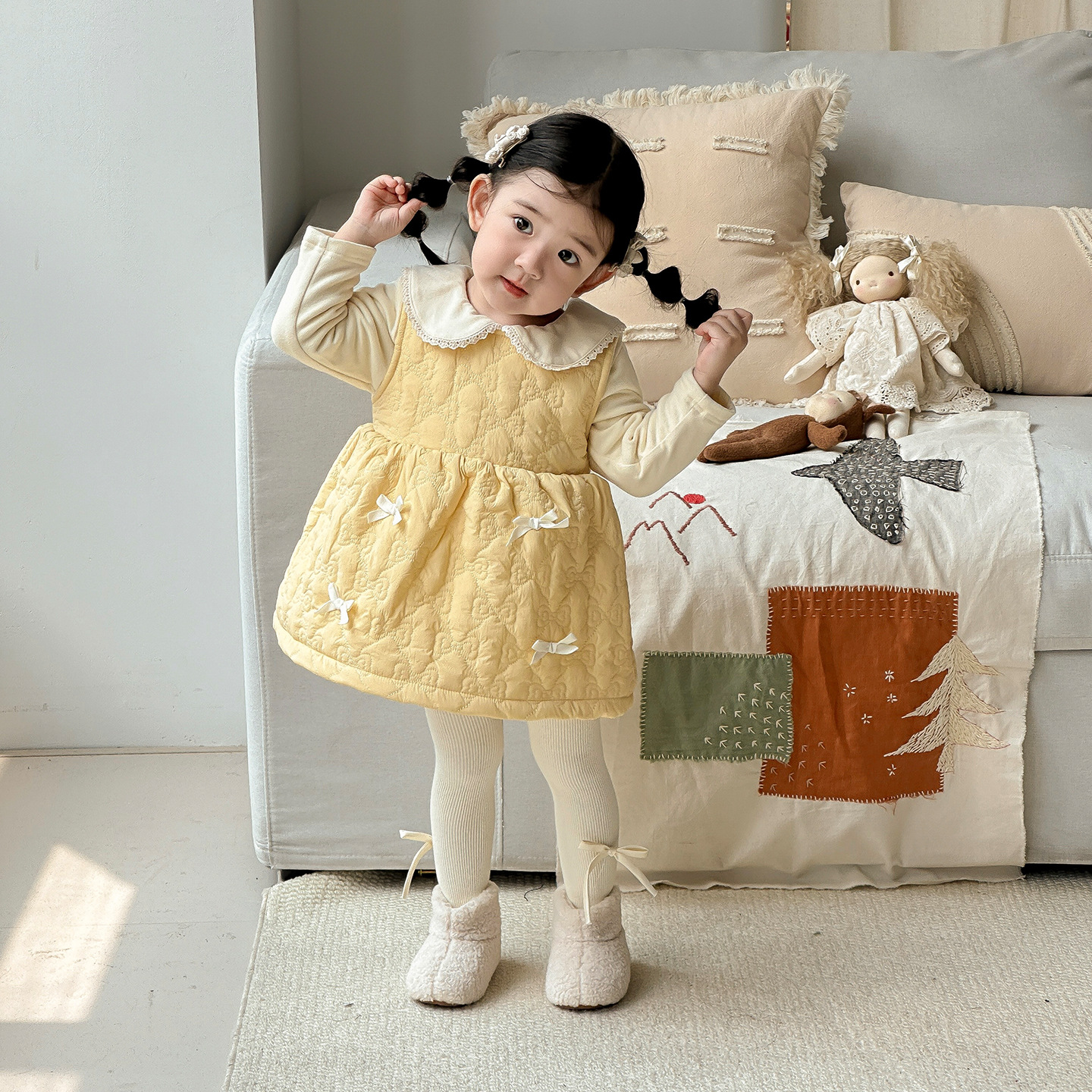 点兮2025秋冬新款婴幼儿绗棉背心裙套装女宝宝夹棉裙子打底两件套