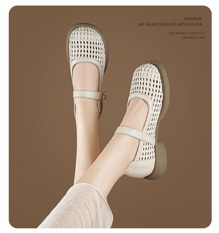 Sandal nữ da thật quai chữ V đan móc mũi kín đế mềm — màu be chi tiết 12