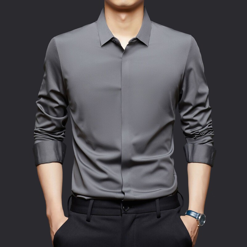 Men's Seamless Long-Sleeved Shirt with Mulberry Silk Wool, Hidden Buttons, Commuter Shirt, Spring & Fall Business Casual Tops