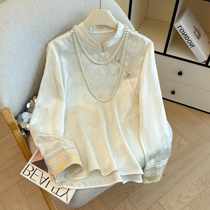 Quality Guaranteed Age-Reducing Middle-Aged Women's Large Size Flesh-Covering New Style Spliced ​​Sichuan Brocade National Style Versatile Stand-Up Collar Shirt Autumn