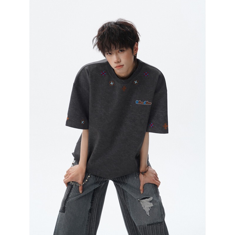 2026 Summer New Men's 250g Heavyweight Sand-Washed Embroidered Cotton Ice Silk Short-Sleeve T-Shirt with a High-End Feel from Trendy Brands 2026 Summer New Men's 250g Heavyweight Sand-Washed Embroidered Cotton Ice Silk Short-Sleeve T-Shirt with a High-End Feel from Trendy Brands