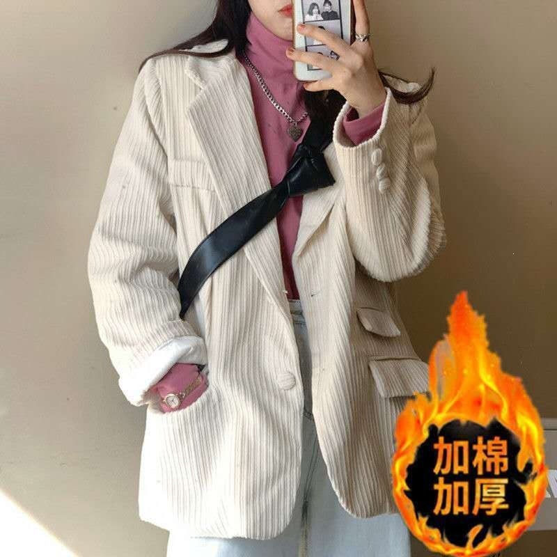 灯芯绒夹棉加厚西装外套女春季新款宽松百搭显瘦炸街西服潮