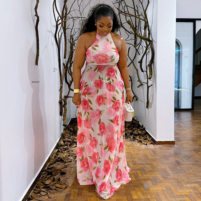 European and American Style Cross-Border Elegant Printed Women's Fresh Pullover Wrap Skirt Pleated Elegant Commuter Long Dress Trendy