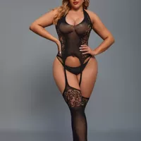Боди для lingerie плюс‑размера с кружевами,halter garter teddy, черное, детали из кружева, один размер