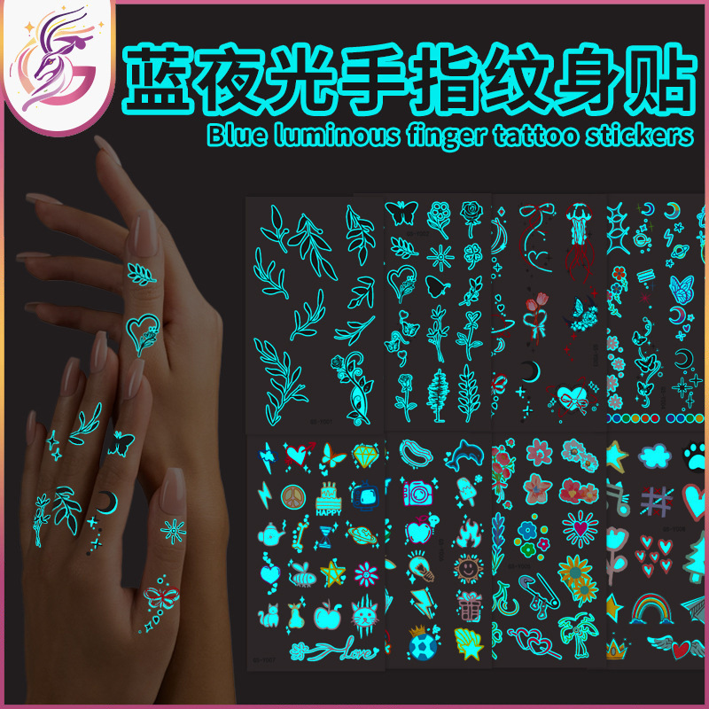 Blue Glow-In-The-Dark Tattoo Stickers with Black Lines and Colorful Small Patterns for Fingers, Blue Glow-In-The-Dark Disposable Temporary Tattoo Stickers Blue Glow-In-The-Dark Tattoo Stickers with Black Lines and Colorful Small Patterns for Fingers, Blue Glow-In-The-Dark Disposable Temporary Tattoo Stickers