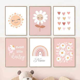 Pink Cartoon Flower Rainbow Heart Weather Girl Kidsren's Bedroom Canvas Decorative Painting Core Hanging Painting Frameless Poster
