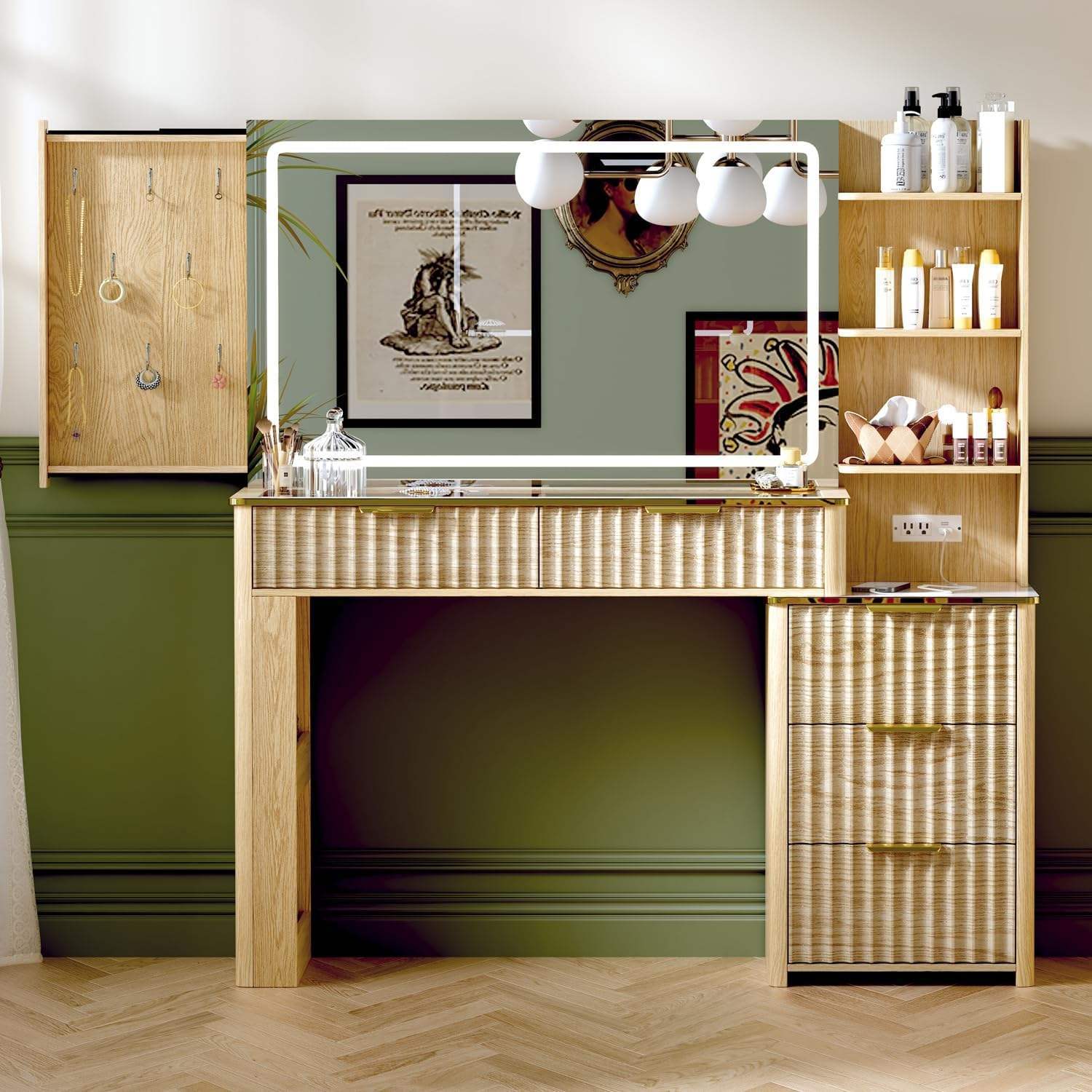 Oem/Odm Modern Jewelry Storage Dressing Table Glass Top Makeup Table 3 Lighting Modes and Power Socket