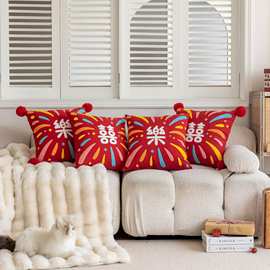 新中式国风抱枕新年结婚红色靠背枕套喜字客厅沙发卧室批发刺绣