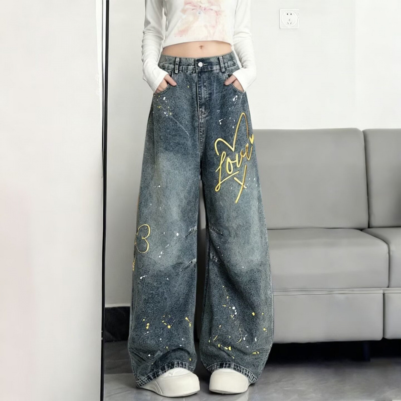Nautical Graffiti Wide-Leg Jeans for Women Spring 2026 New High-Waist Draped High-Street Trendy Brand Printed Loose Casual Pants