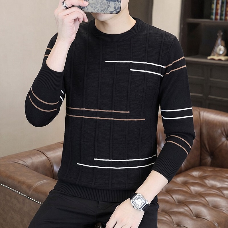 Autumn thin sweater, men's round-neck striped knit top, trendy knitwear for teenagers, warm base layer Autumn thin sweater, men's round-neck striped knit top, trendy knitwear for teenagers, warm base layer