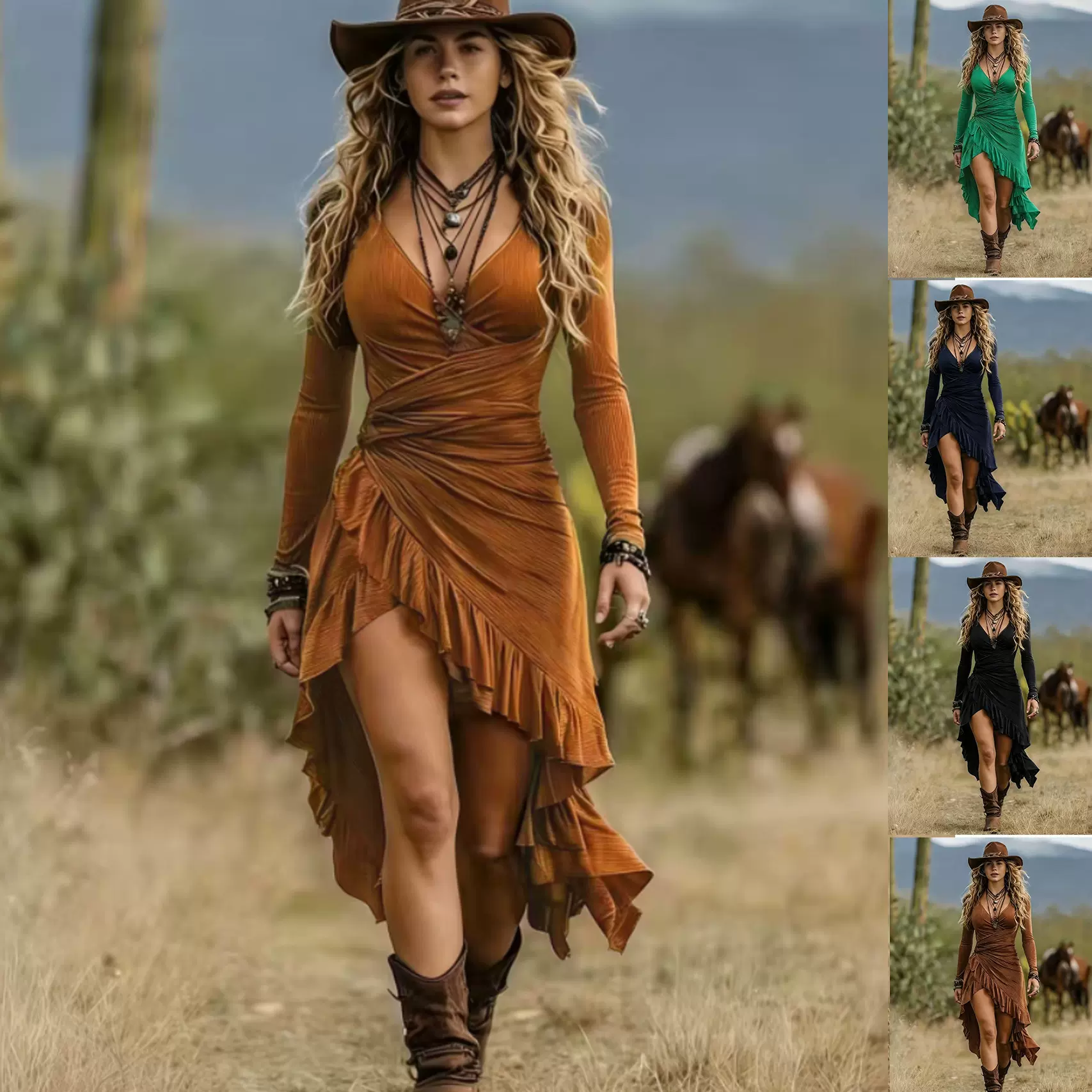 欧美跨境亚马逊女式中长波西米亚褶皱长袖荷叶边不规则连衣裙