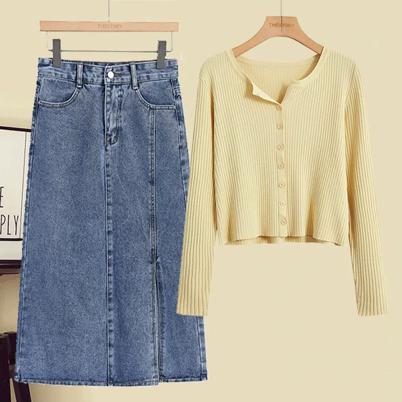 Spring set, denim skirt, plus size, western style