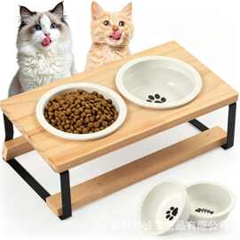 跨境木质猫碗架家用客厅倾斜护颈猫咪喂食器双碗狗狗宠物食盆碗架