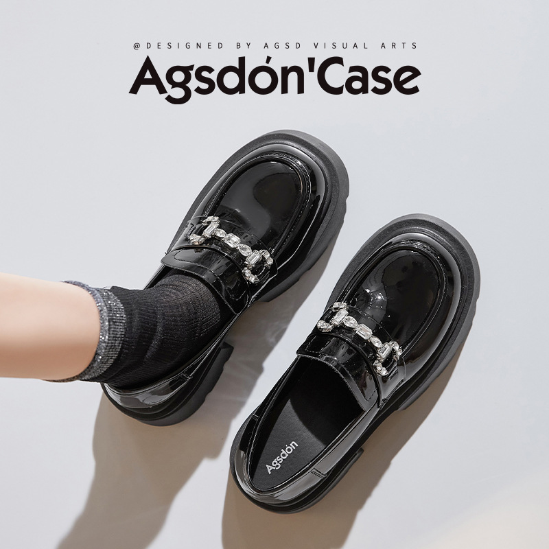 Mocasines de suela gruesa Augu Shiden para mujer, otoño 2025, nuevo estilo británico, zapatos de tacón grueso, zapatos de cuero negro brillante