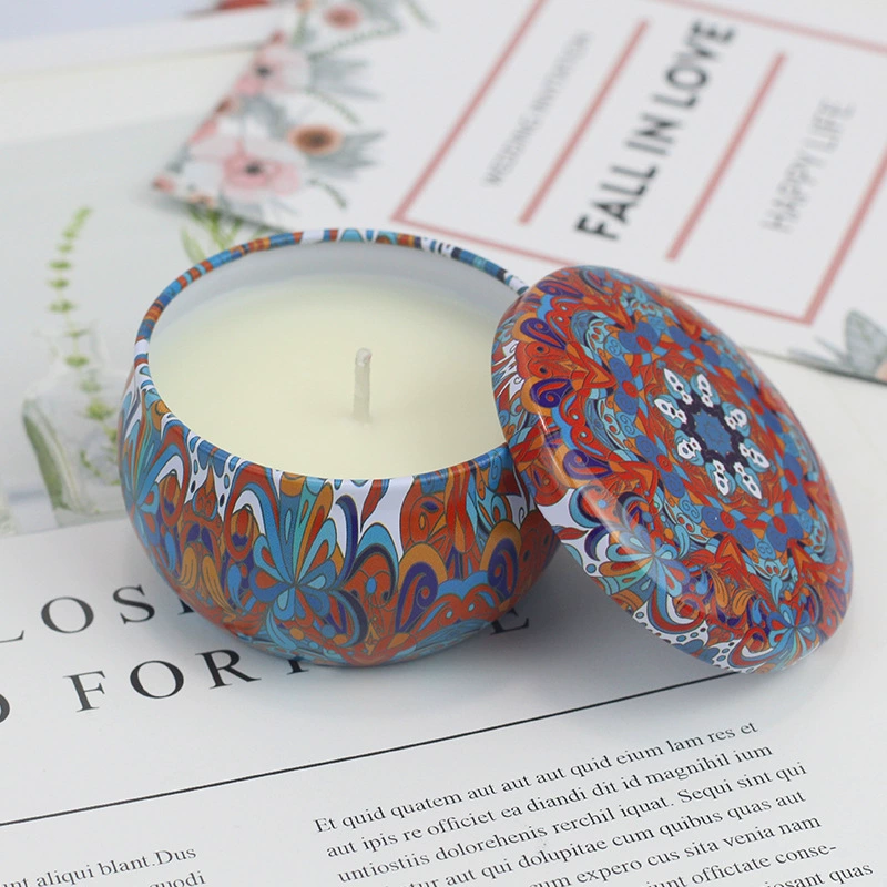 Aromatherapy soy wax tin candle, plant‑based, 55 g wax, 12–14 h burn, decorative tin