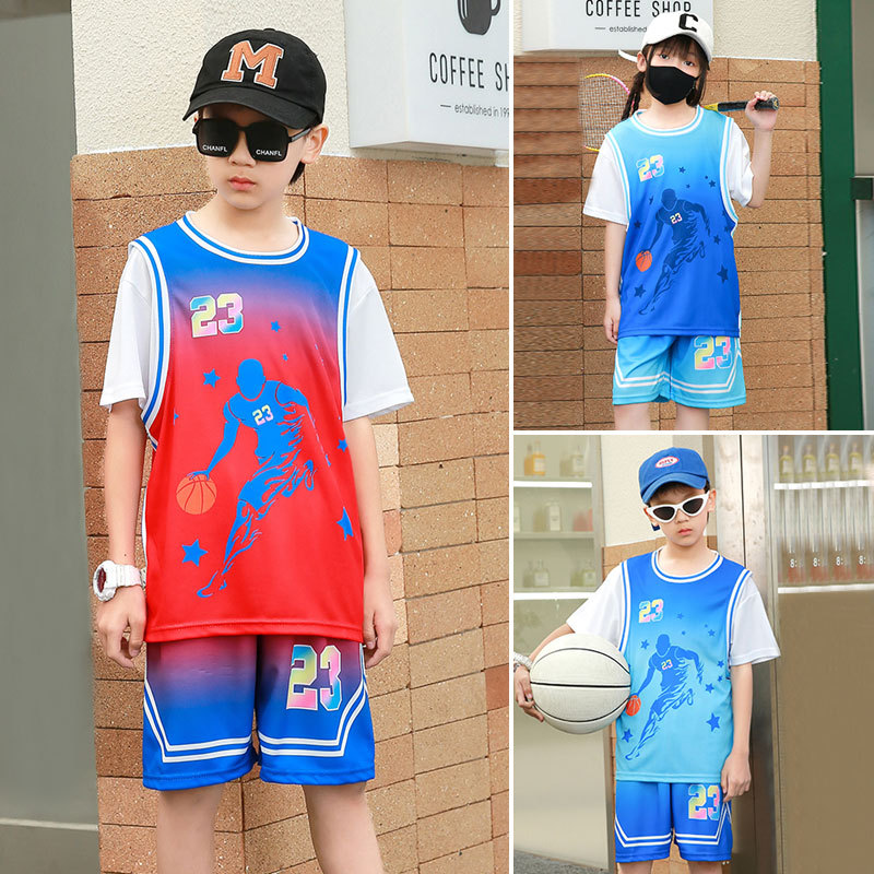 Fake Two-piece Short-sleeved Children's Basketball Suit suit Boys and Girls Summer Quick-drying Training Suit Sportswear for Primary and Secondary School Students
