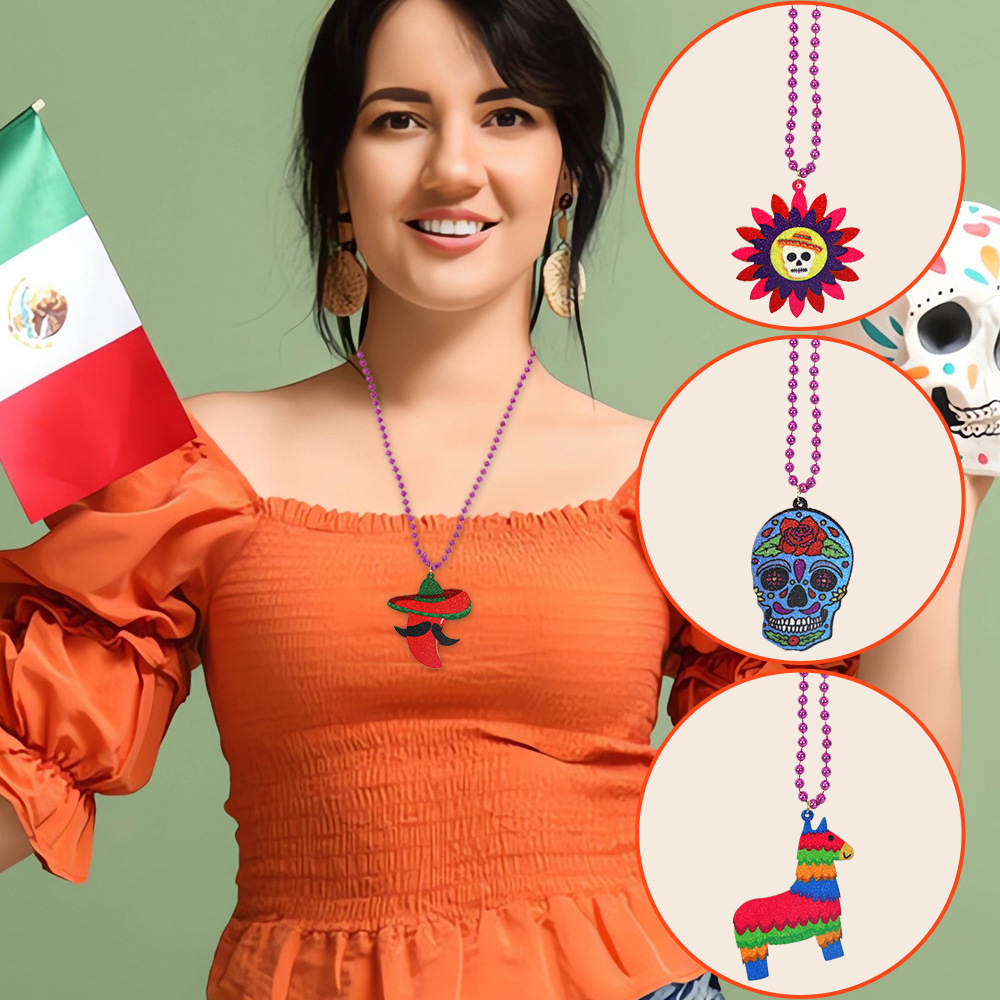 Día de los Muertos Collar de Decoración de Esqueleto 5 de Mayo Fiesta de Fotografía Accesorios de Esferas de Pimienta Sombrero de Paja