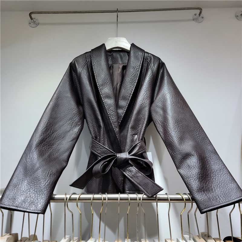 Vintage dark brown green fruit collar tie-waist leather coat with bubble texture PU leather blazer-style bathrobe jacket Vintage dark brown green fruit collar tie-waist leather coat with bubble texture PU leather blazer-style bathrobe jacket