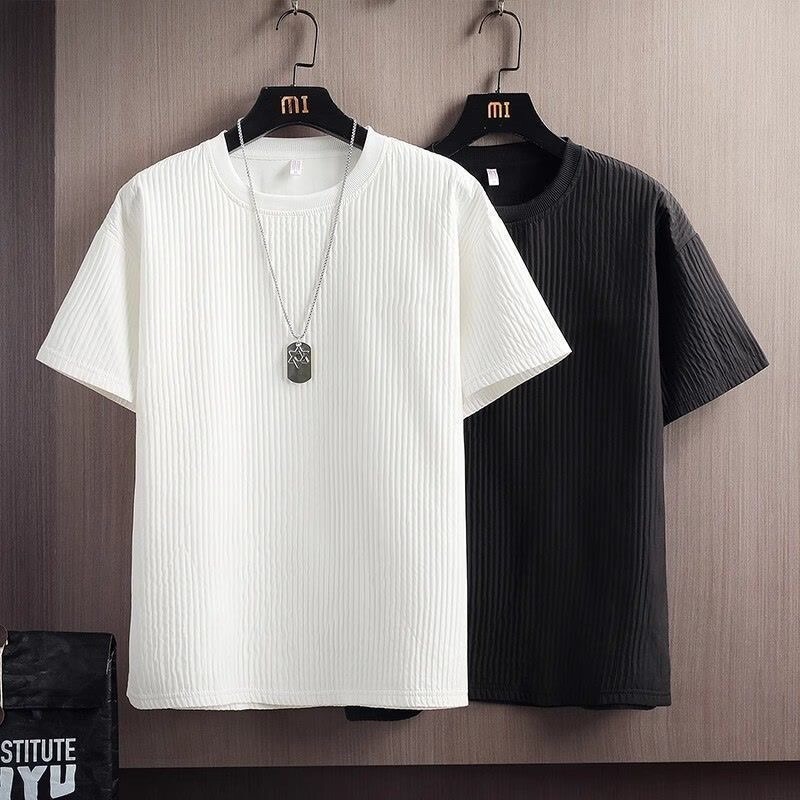 Vertical striped men's t-shirt, high-end men's short-sleeve t-shirt, quick-dry ice silk sports, affordable, round-neck, summer thin versatile top