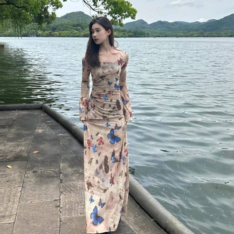 欧美跨境外贸法式复古蝴蝶清冷长袖连衣裙女修身显瘦气质包臀裙子|undefined