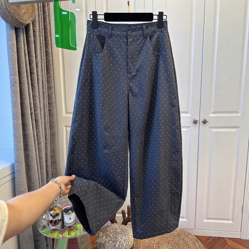 European-style polka dot wide-leg pants for women, summer high-waisted slimming loose drapey straight-leg casual cropped suit pants European-style polka dot wide-leg pants for women, summer high-waisted slimming loose drapey straight-leg casual cropped suit pants