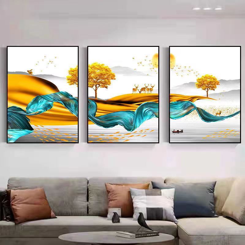 新しいリビングルームの装飾画北欧風のソファーの背景の壁面の壁画の寝室のベッドの頭はレストランの3連画を掛けます。|undefined