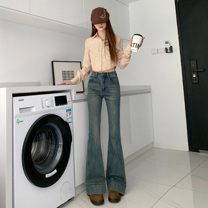 [진음] 레트로 높은 허리 마이크로 블래 진 여성용 2024 가을 새 슬림핏 슬리밍 말굽 트럼펫 바지