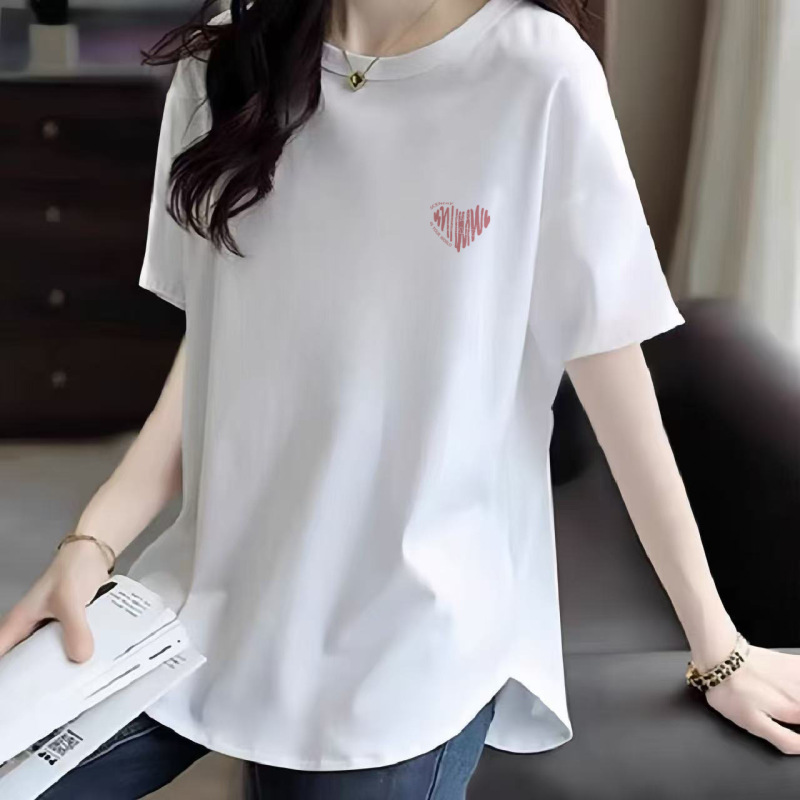 Pure Cotton Shoulder Short-sleeved T-shirt Women's Mid-length 2025 Spring and Summer New Loose Curved Hem Half-sleeved T-shirt Top Pure Cotton Shoulder Short-sleeved T-shirt Women's Mid-length 2025 Spring and Summer New Loose Curved Hem Half-sleeved T-shirt Top