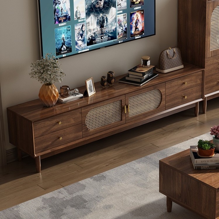 Rattan Tv Cabinet Coffee Table Combination New Style Medieval Retro Style Video Cabinet Home Living Room Floor-Standing Cabinet Storage Cabinet