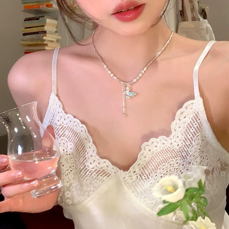 碎银子珍珠蓝色锆石蝴蝶项链法式小众高级感锁骨链颈链配饰|undefined