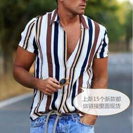 shopify跨境wish2021夏季新款条纹衬衣男装休闲衬衫短袖上衣