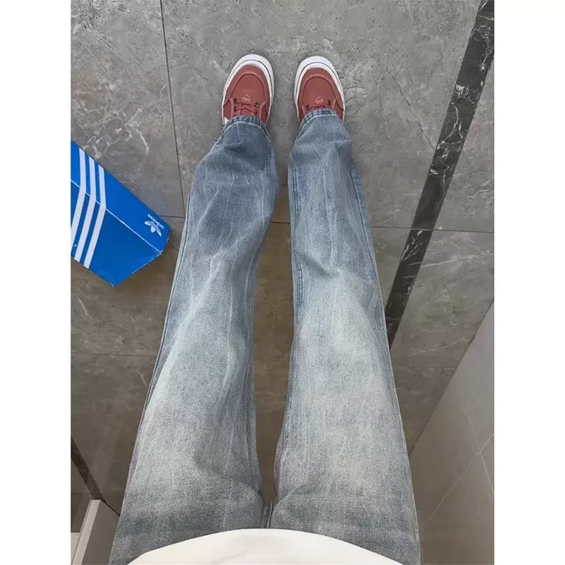 闪电竹节纹牛仔裤男直筒宽松美式高街vibe裤子潮流百搭复古微喇裤