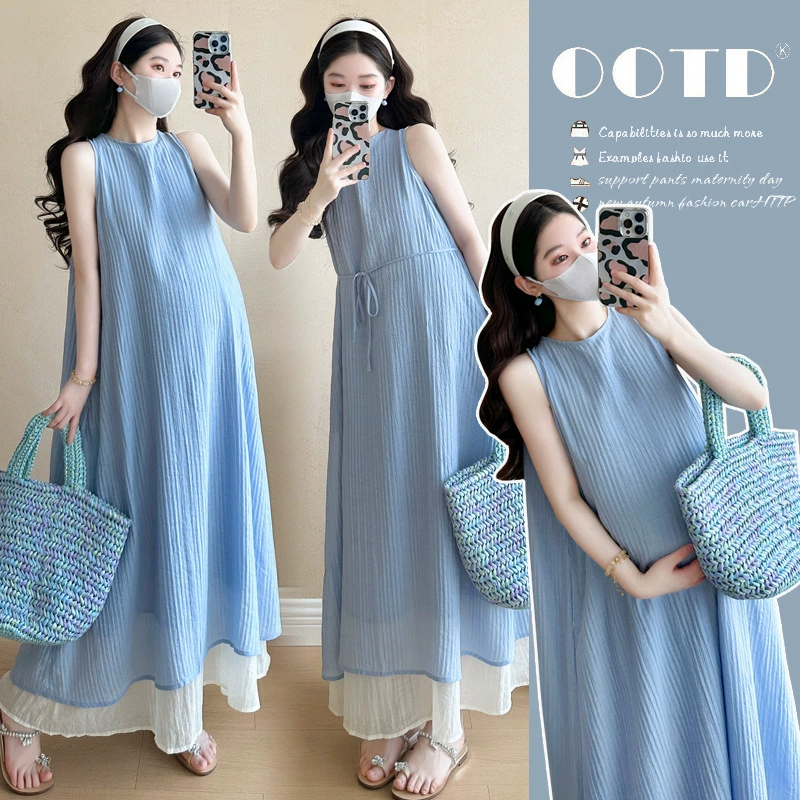 Летнее платье для беременных 2025, новый костюм, модная верхняя одежда для беременных, дизайн без рукавов, длинная юбка