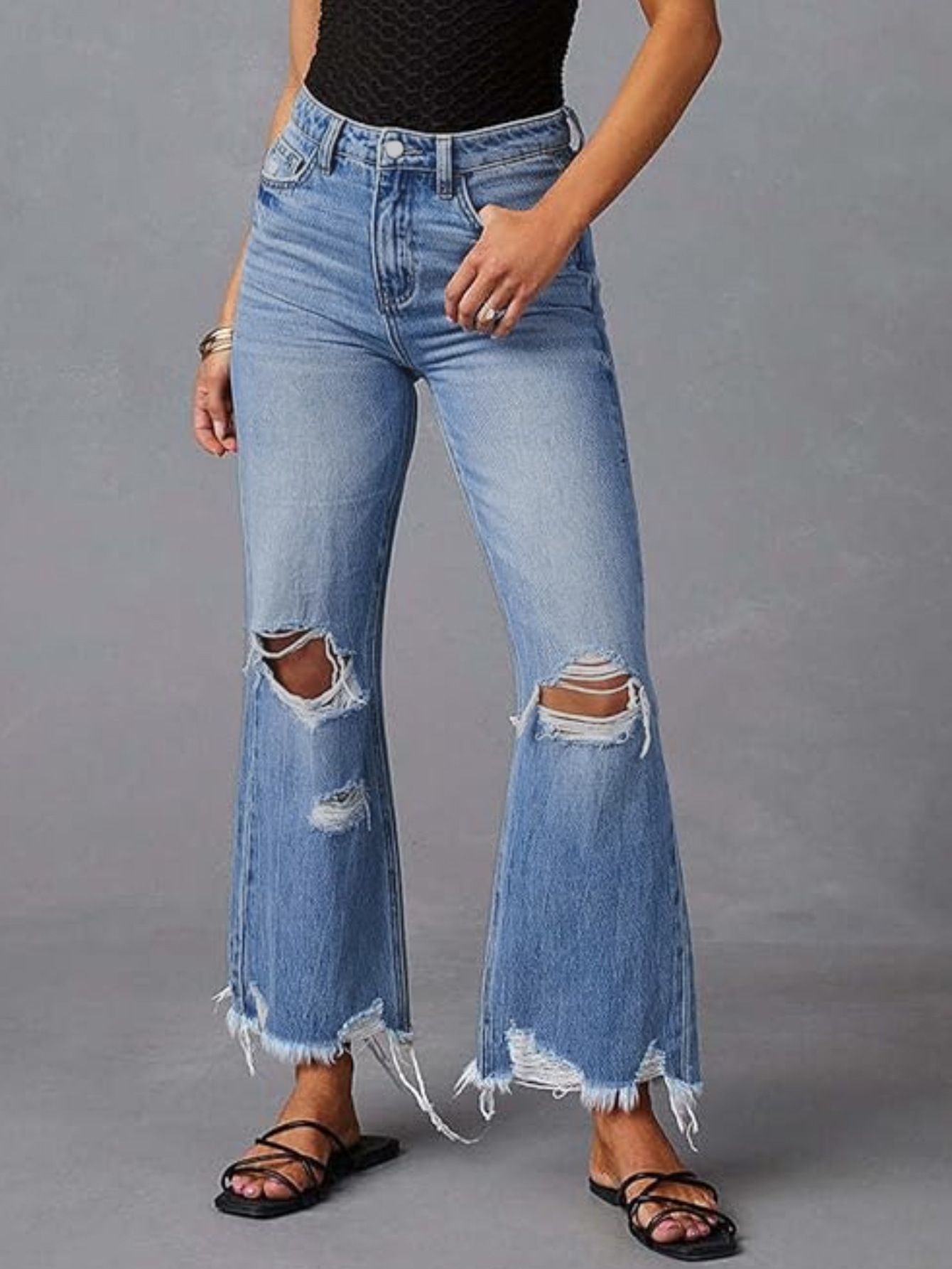 Jeans Rectos de Tiro Alto para Mujer de Mezclilla de Algodón, Con Roturas, para Uso Casual image 7