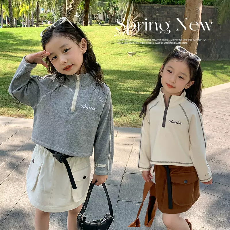 女童长袖卫衣春新款童装儿童中小童拉链polo衫套头打底衫上衣