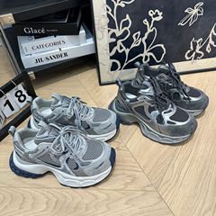 真皮版~秋季款厚底老爹鞋女蓝色复古网面运动鞋小个子休闲阿甘鞋