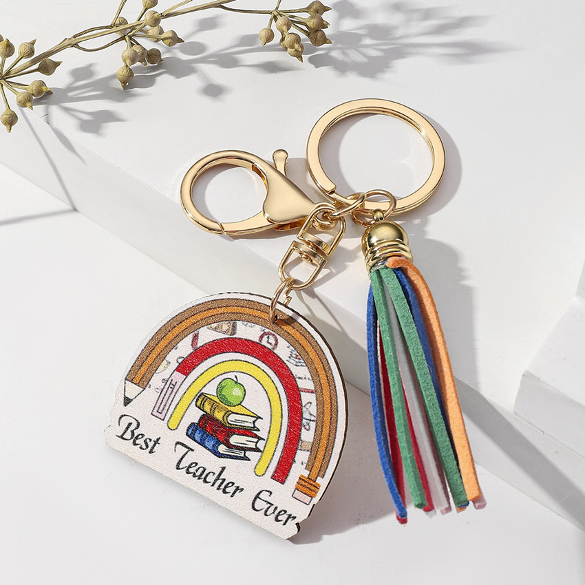 20g Weight Keychain Classification 1 Piece Quantity School, Graduation Occasion Wood Material Teachers' Day Festival Letter, Rainbow, Tassel Pattern Unisex Gender Modern Style Style Modern Style Letter Rainbow Tassel Wood Teachers' Day Unisex Keychain 6