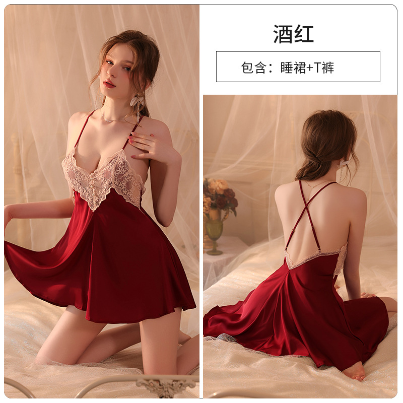 Conjunto de pijama sexy, vestido de tirantes sin espalda de seda helada transparente, ropa de estar por casa, disponible para dropshipping A123, estilo suave y relajado.