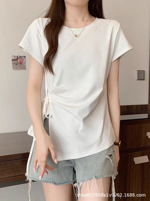 ミルクイエローの右肩半袖Tシャツ女性用2025夏大きいサイズファットmmウエスト不規則な巨大痩身パーソナライズトップ|undefined