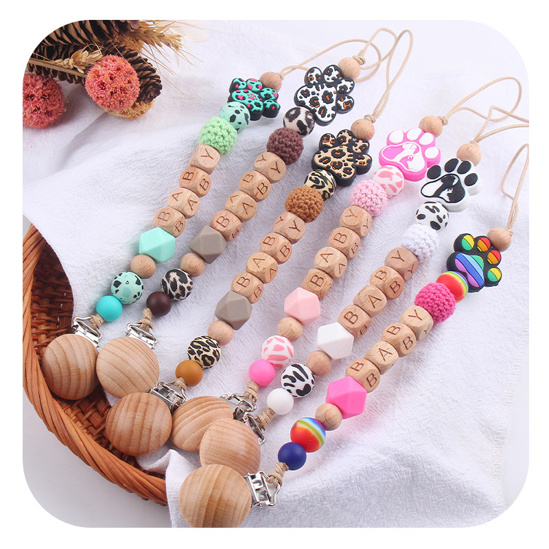 Nuevo clip de pezón de haya para bebé, dibujos animados, animal, garra de perro, cuentas de silicona, nombre de bebé de bricolaje, cadena de pezón, cadena anti-caída