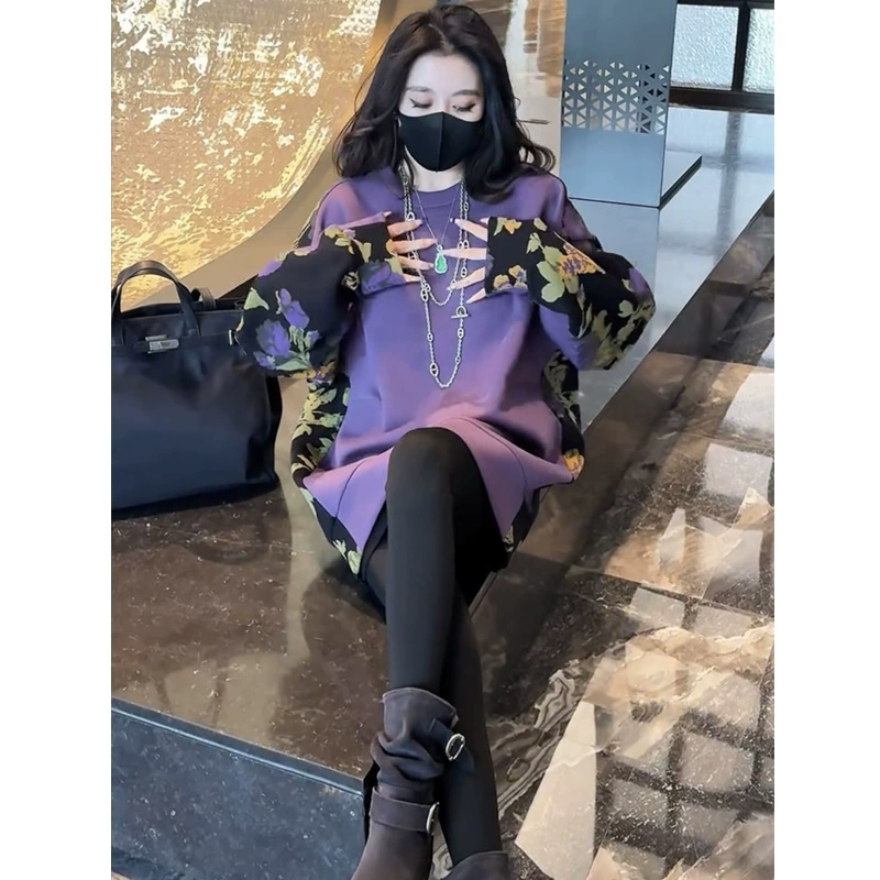 5195 спот с толстым принтом с длинными рукавами пушистый свитер повседневный нарукавный рукав для наручных головок 2025 ранней весной свободная средняя длинная свитер