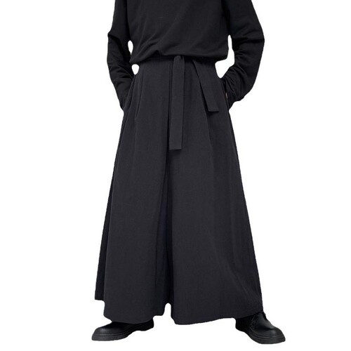 Designer Large Print Wide Leg Pants with Yohji Yamamoto Style Skirt Pants, Dark Black Samurai Pants, Barber Stylist Japanese Long Pants