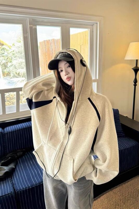 American Retro Contrasting Color Raglan Sleeve Hooded Jacket for Women 2025 New Autum Sweatshirt Versatile Bf Lazy Style Cardigan