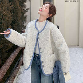 韩系小香风短款外套女2025冬季新款撞色滚边毛呢小个子今年流行新