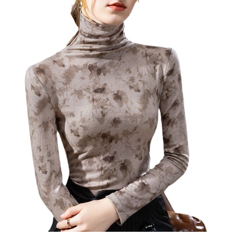 Camisa de fondo de cuello alto para mujer 2023 nuevo estilo europeo ropa de mujer estilo occidental impreso manga larga cepillado camiseta cintura-top interior ajustado