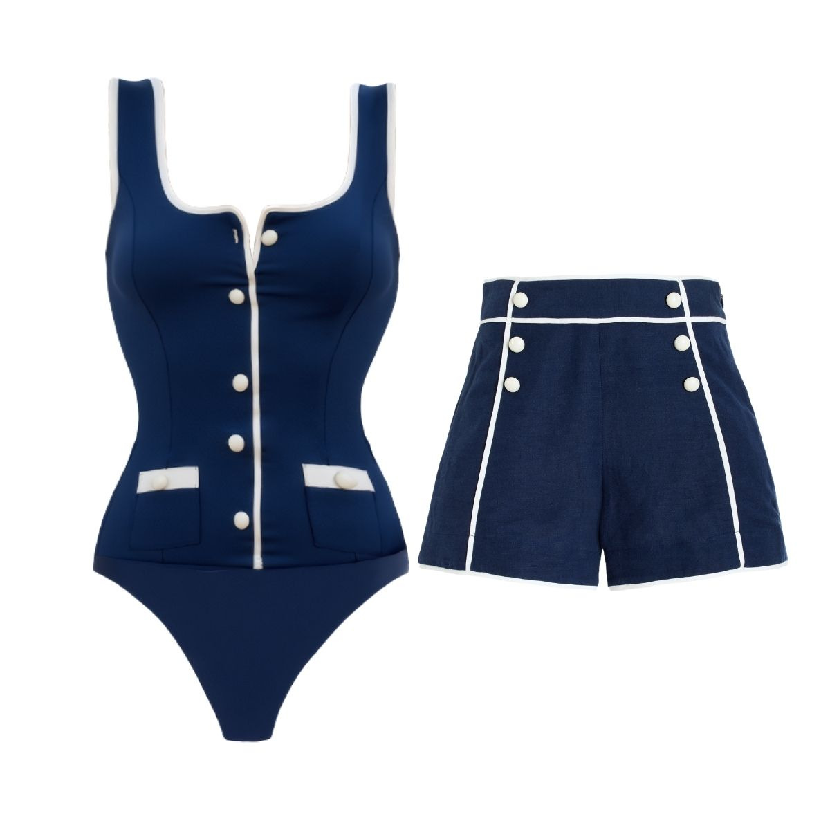 Navy Blue One-piece Swimsuit With Shorts High-cut Slimming Style_voghion.com